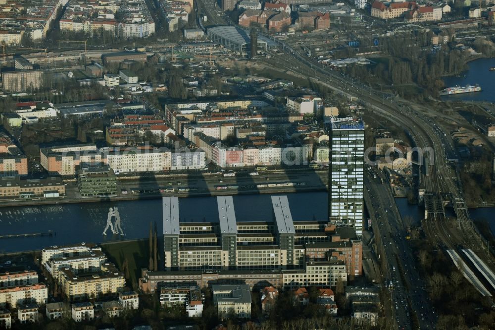 Aerial image Berlin - View of the roof of the Allianz-Tower in the district Treptow of Berlin. The Allianz-Tower belongs to the building complex Treptowers. Allianz is a german multifunctional financial services company