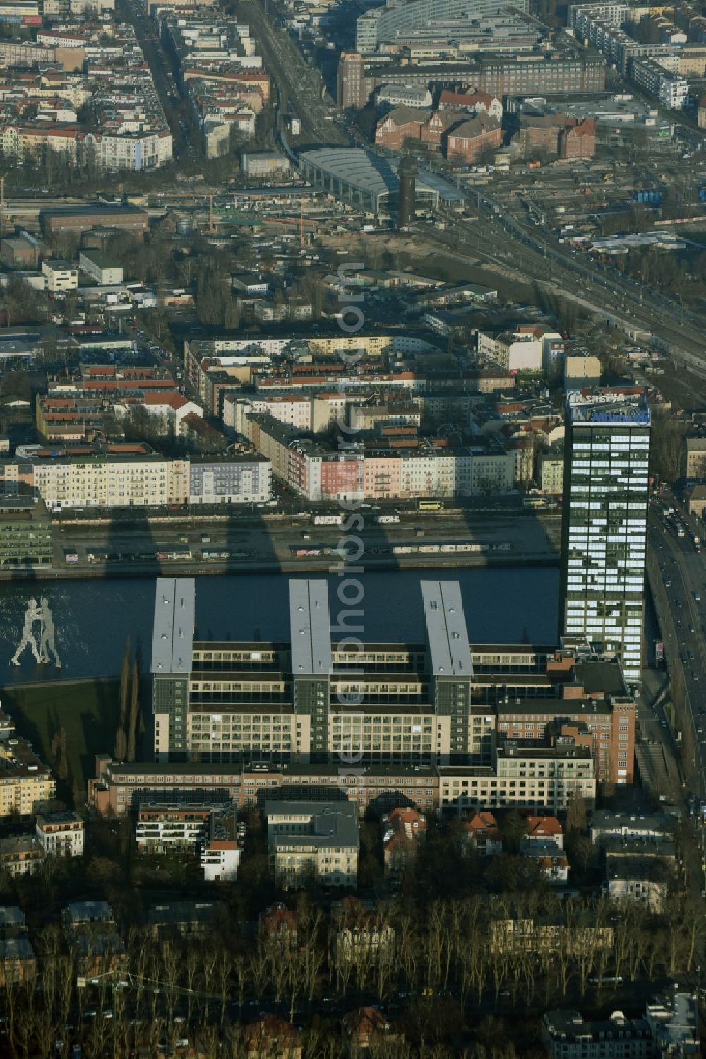 Berlin from above - View of the roof of the Allianz-Tower in the district Treptow of Berlin. The Allianz-Tower belongs to the building complex Treptowers. Allianz is a german multifunctional financial services company