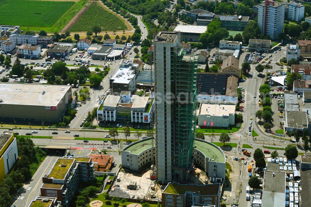 Aerial image Fellbach - Construction halted at the unfinished new high-rise building site of the Schwabenlandtower hotel complex on Friedrich-List-Strasse - Schorndorfer Strasse in Fellbach in the state of Baden-Wuerttemberg, Germany