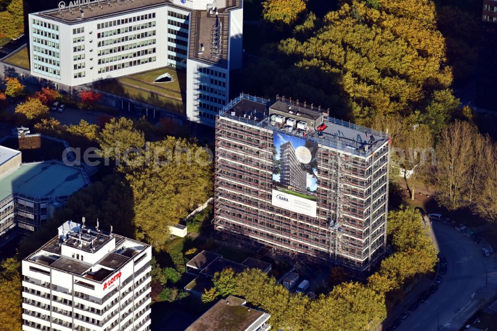 Hamburg from the bird's eye view: High rise building site of the hotel arrangement Serviced Dwelling house my4walls in the Kapstadtring in the district of Winterhude in Hamburg, Germany. Revitalisierung of the empty office building by the Isaria Wohnbau AG and the Bierwirth and Kluth Hotelmanagement GmbH