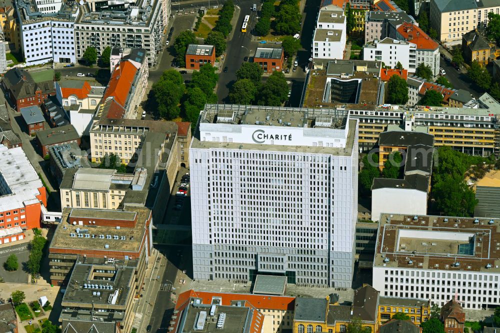 Berlin from above - High house of the bed tower at the University Hospital Charité Campus Mitte (CCM) in the district on street Luisenstrasse of Mitte on street Luisenstrasse in the district Mitte in Berlin