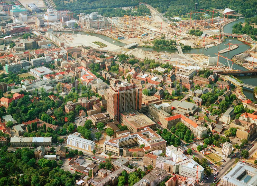 Berlin from above - High house of the bed tower at the University Hospital Charité Campus Mitte (CCM) in the district of Mitte in Berlin