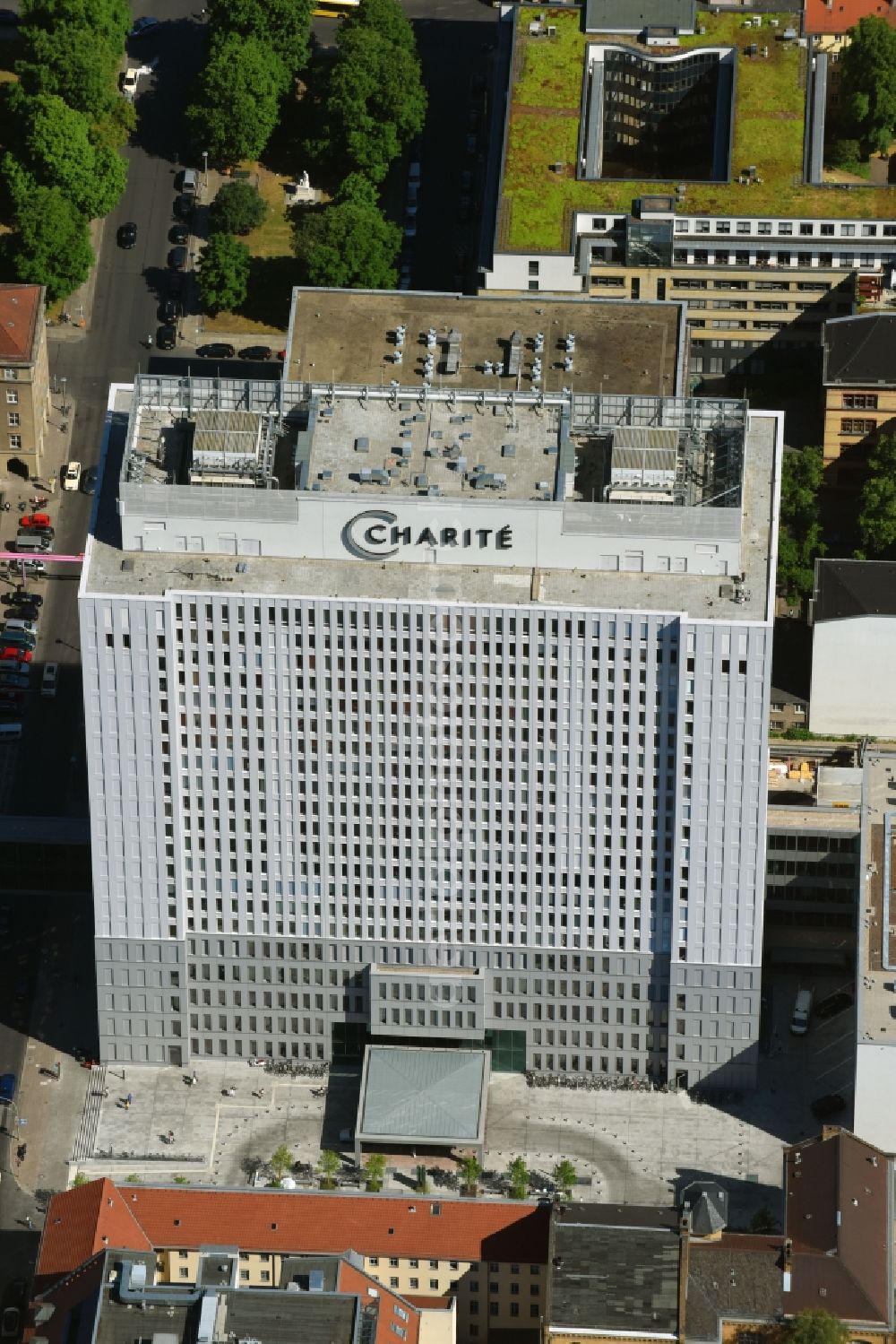 Berlin from above - High house of the bed tower at the University Hospital Charité Campus Mitte (CCM) in the district of Mitte in Berlin