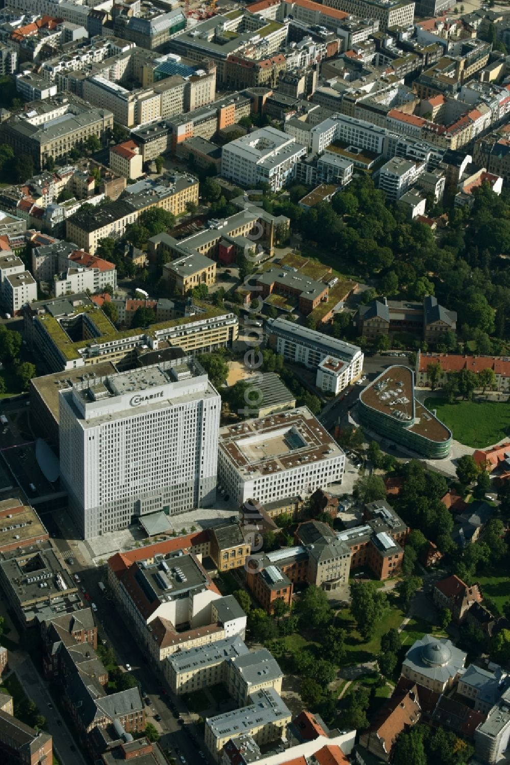 Berlin from above - High house of the bed tower at the University Hospital Charité Campus Mitte (CCM) in the district of Mitte in Berlin