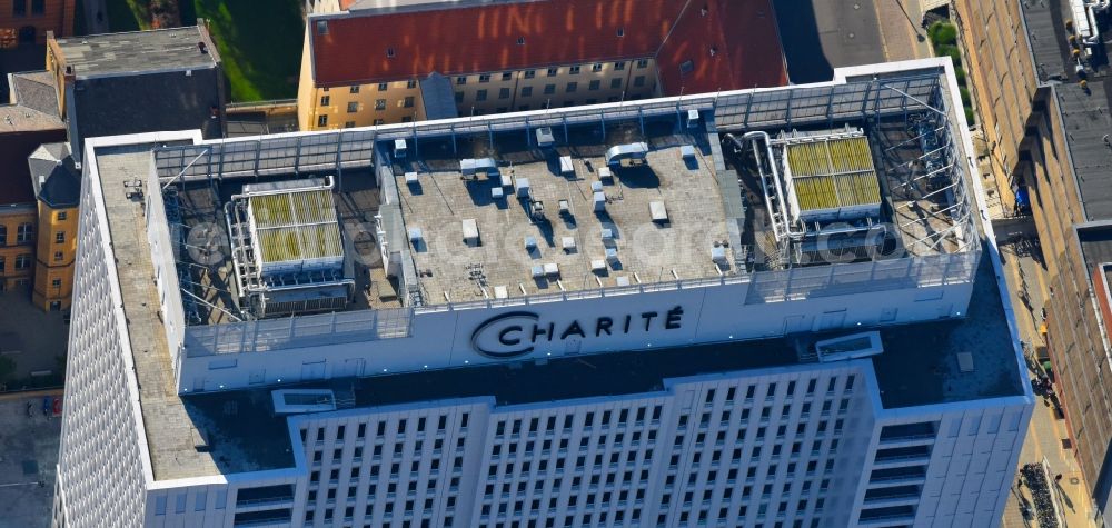 Berlin from above - High house of the bed tower at the University Hospital Charité Campus Mitte (CCM) in the district of Mitte in Berlin