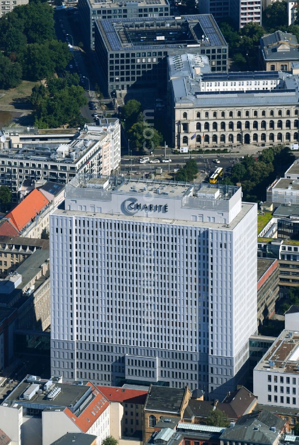 Berlin from above - High house of the bed tower at the University Hospital Charité Campus Mitte (CCM) in the district of Mitte in Berlin