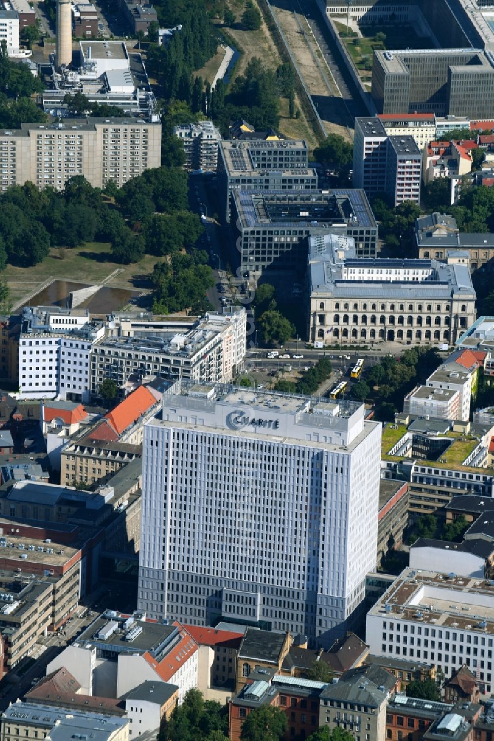 Berlin from above - High house of the bed tower at the University Hospital Charité Campus Mitte (CCM) in the district of Mitte in Berlin