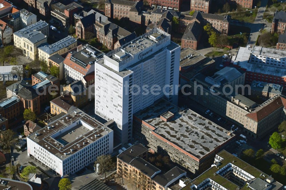 Berlin from above - High house of the bed tower at the University Hospital Charité Campus Mitte (CCM) in the district of Mitte in Berlin