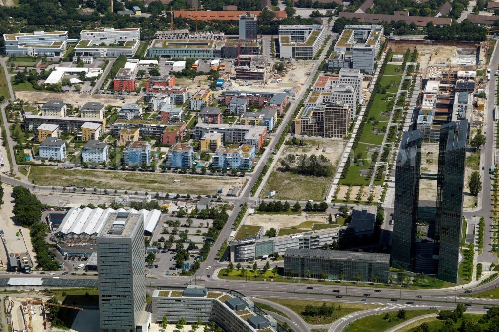 München from above - „ HighLight Towers “ office building in Munich