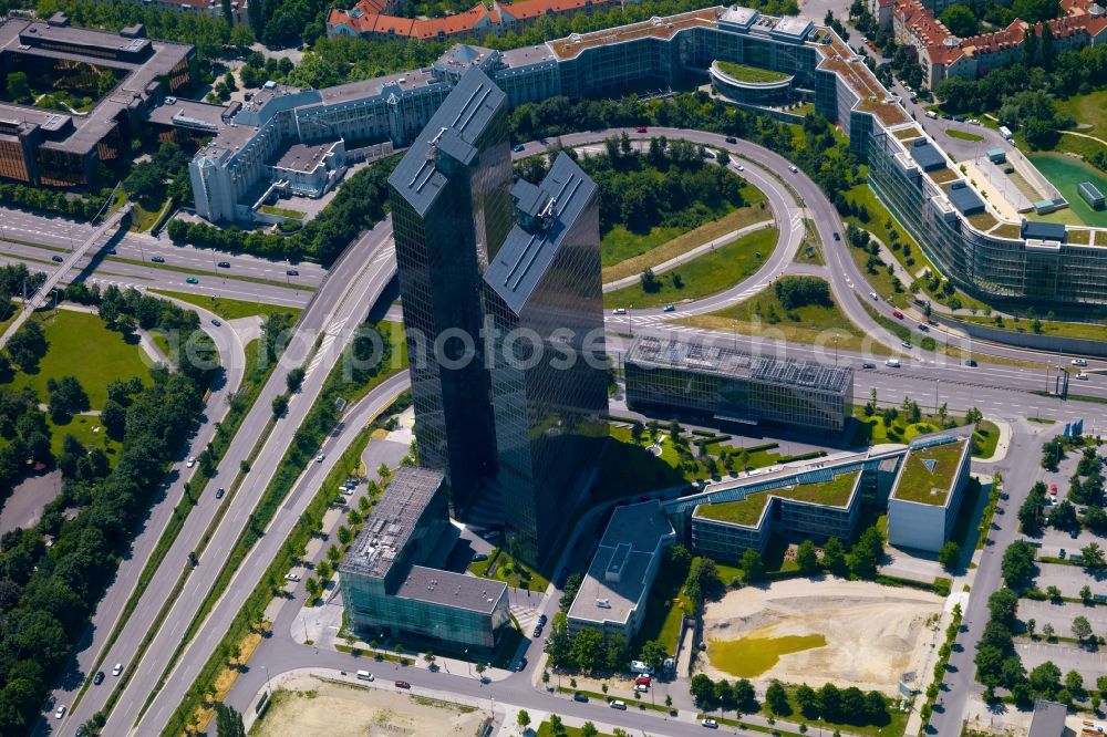 München from the bird's eye view: „ HighLight Towers “ office building in Munich