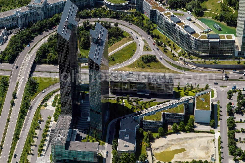 München from above - „ HighLight Towers “ office building in Munich