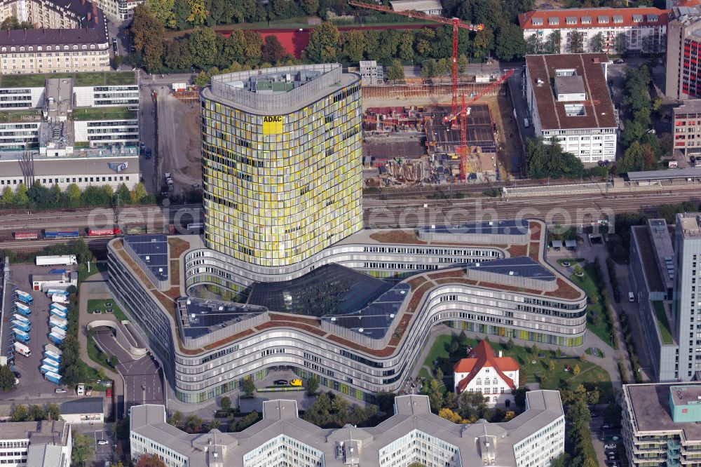 München from above - High-rise ensemble of ADAC Zentrale on street Hansastrasse in the district Sendling-Westpark in Munich in the state Bavaria, Germany