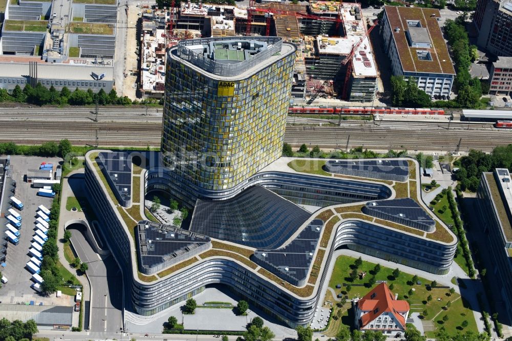 München from the bird's eye view: High-rise ensemble of ADAC Zentrale in the district Sendling-Westpark in Munich in the state Bavaria, Germany