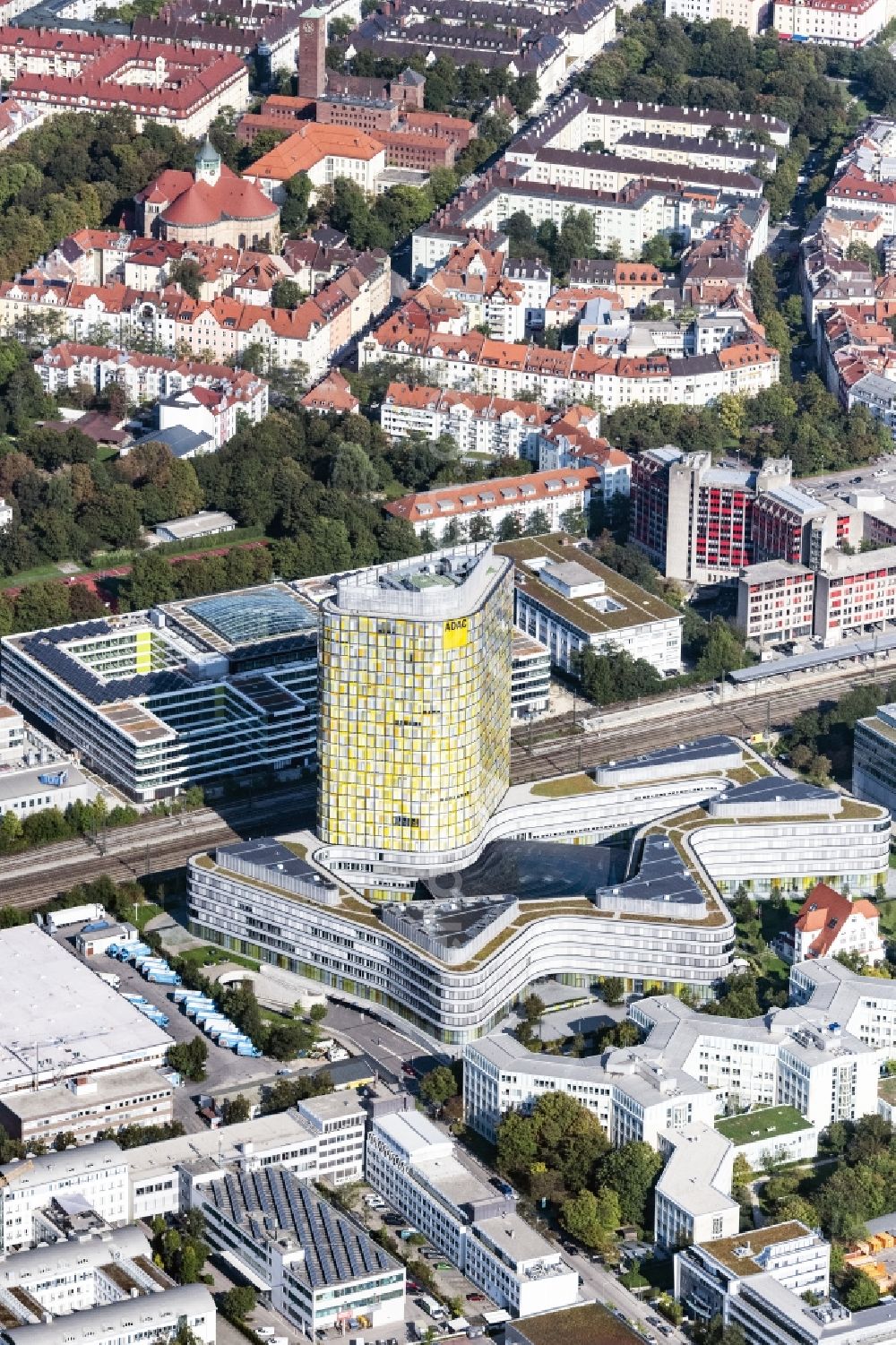 München from above - High-rise ensemble of ADAC Zentrale in the district Sendling-Westpark in Munich in the state Bavaria, Germany