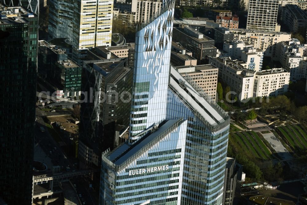 Paris Courbevoie from above - High-rise ensemble of Buerogebaeude der Ernst & Young and EULER HERMES in Tour First on Place des Saisons in Paris Courbevoie in Ile-de-France, France