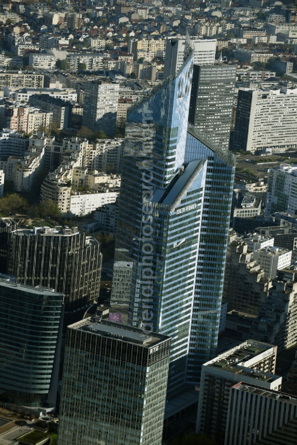 Paris Courbevoie from above - High-rise ensemble of Buerogebaeude der Ernst & Young and EULER HERMES in Tour First on Place des Saisons in Paris Courbevoie in Ile-de-France, France