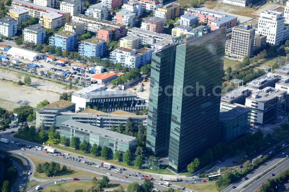 Aerial image München - High-rise ensemble of „ HighLight Towers “ in Munich in the state of Bavaria. The two office towers with their glass front are located in the area of Highlight Munich Business Towers and were designed by Murphy/Jahn. Fujitsu Technology Solutions among others has its offices here