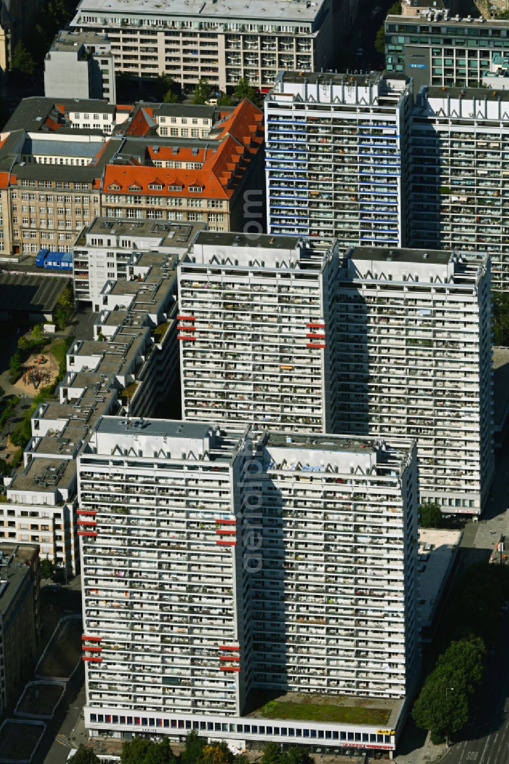 Aerial image Berlin - High-rise ensemble on Leipziger Strasse in the district Mitte in Berlin