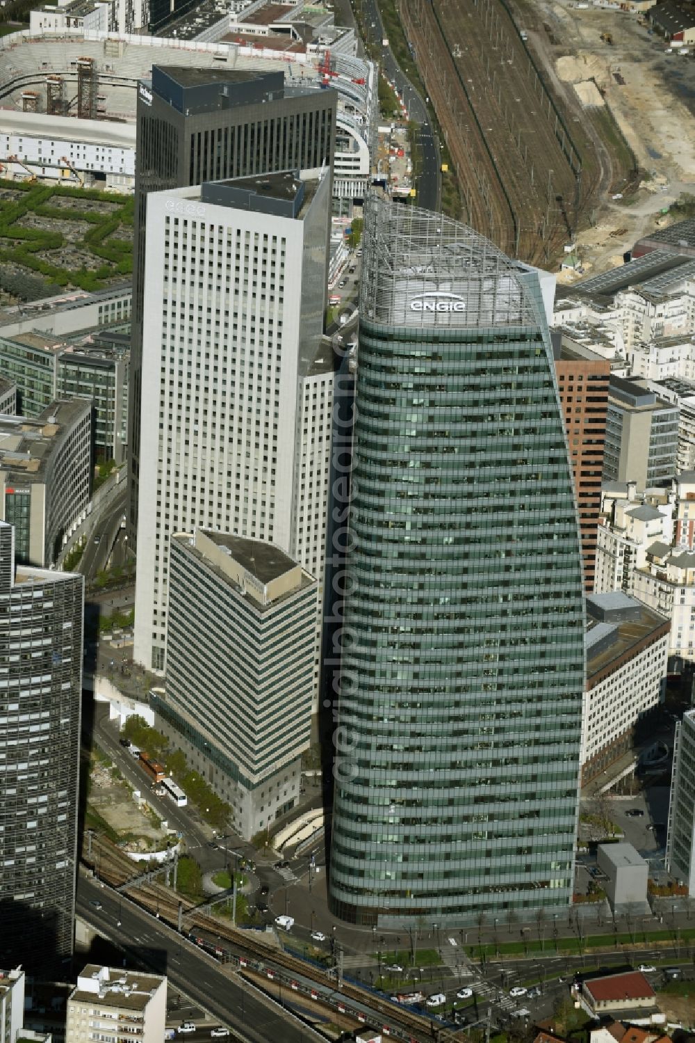 Paris from the bird's eye view: High-rise ensemble on the Northern edge of the highrise and office quarter La Defense in Paris in Ile-de-France, France