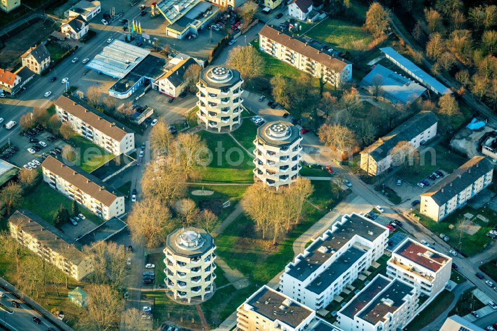 Aerial photograph Lahr/Schwarzwald - High-rise ensemble of Rundhochhaeuser on Kanadaring in Lahr/Schwarzwald in the state Baden-Wurttemberg, Germany