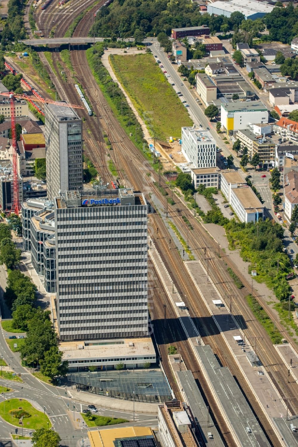 Essen from the bird's eye view: High-rise ensemble of Schenker headquarters in Essen in the state North Rhine-Westphalia