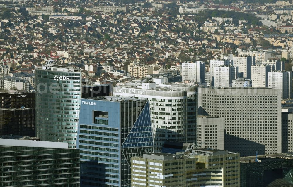 Paris from above - High-rise ensemble of FRAMKLIN , eDF, Thales, Coer Defense in destrict La Defense in Paris in Ile-de-France, France