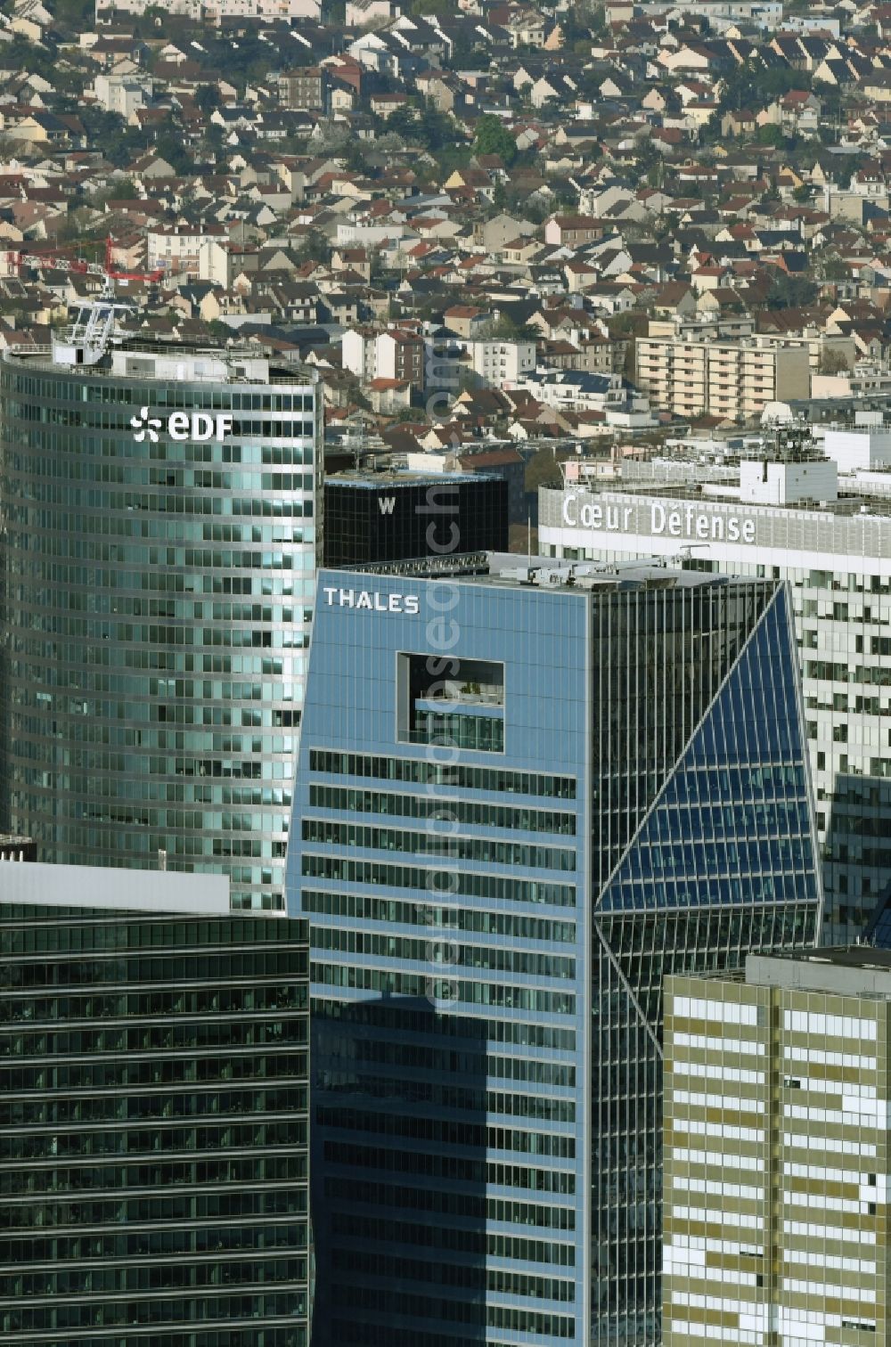 Paris from the bird's eye view: High-rise ensemble of FRAMKLIN , eDF, Thales, Coer Defense in destrict La Defense in Paris in Ile-de-France, France