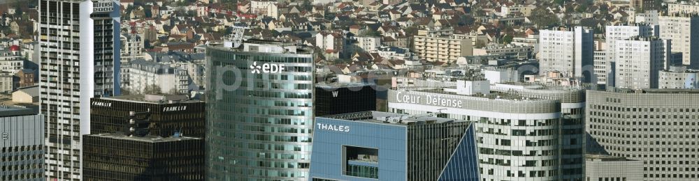 Aerial image Paris - High-rise ensemble of FRAMKLIN , eDF, Thales, Coer Defense in destrict La Defense in Paris in Ile-de-France, France