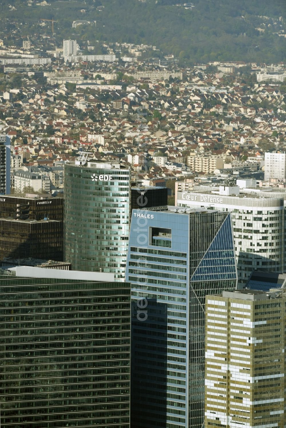 Paris from above - High-rise ensemble of FRAMKLIN , eDF, Thales, Coer Defense in destrict La Defense in Paris in Ile-de-France, France