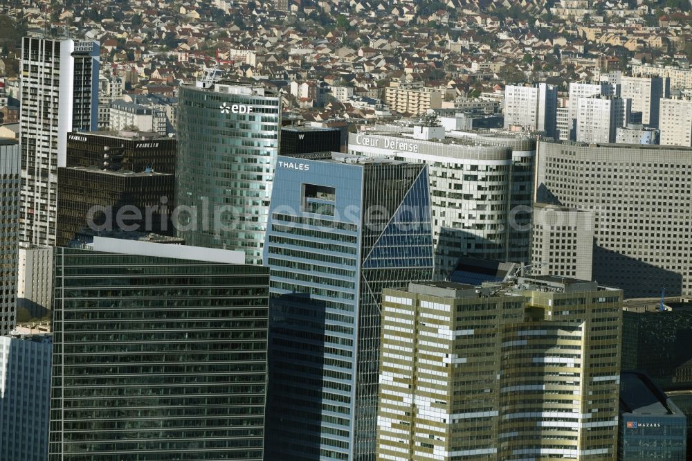 Paris from the bird's eye view: High-rise ensemble of FRAMKLIN , eDF, Thales, Coer Defense in destrict La Defense in Paris in Ile-de-France, France