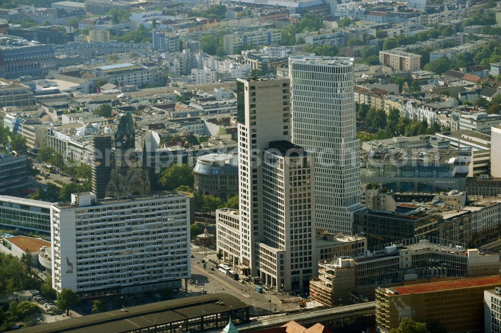 Berlin from above - High-rise ensemble of Zoofenster and Neubau Upper West on Joachinsthaler Strasse - Hardenbergstrasse in Ortsteil Bezirk Charlottenburg in Berlin, Germany