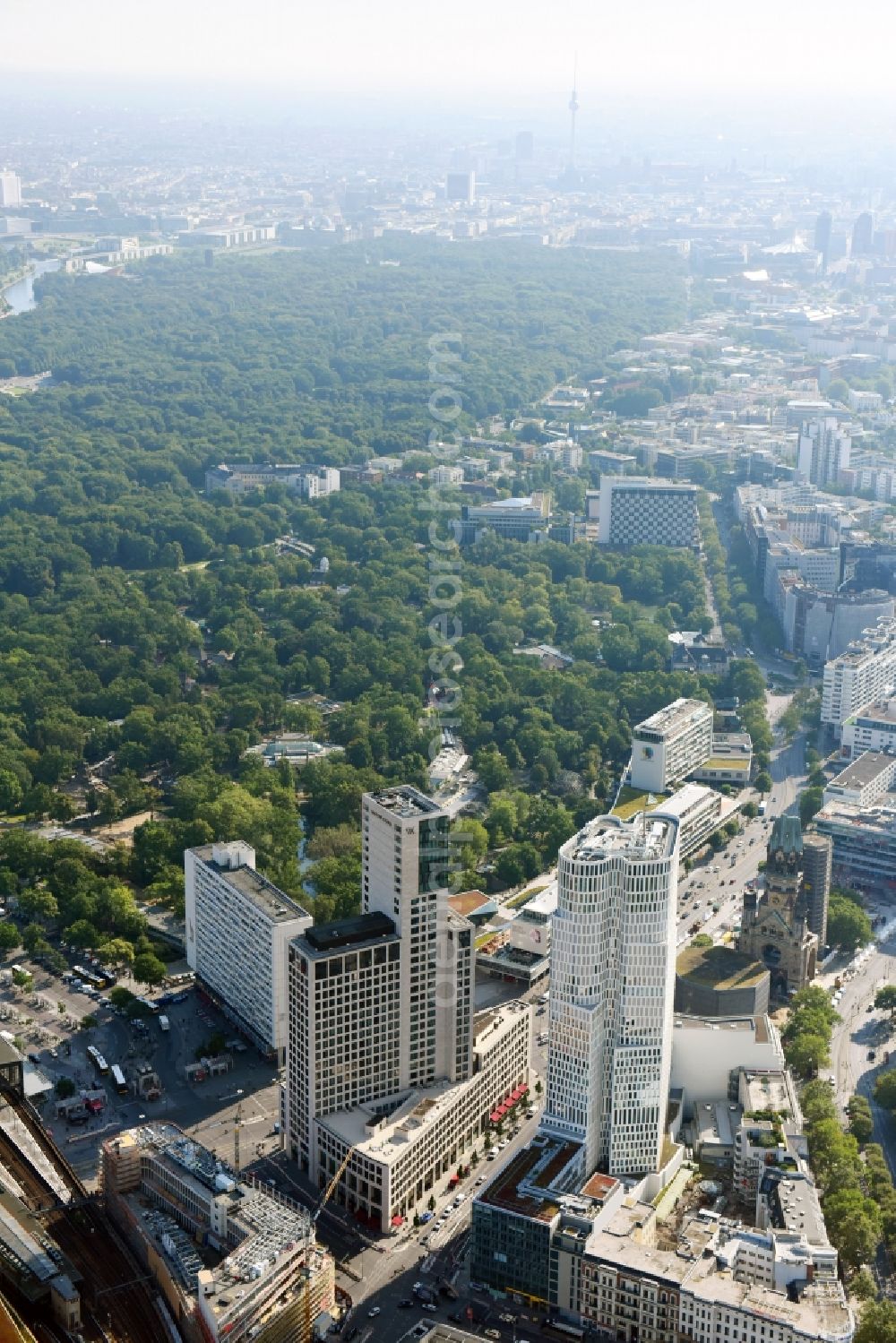 Berlin from above - High-rise ensemble of Zoofenster and Neubau Upper West on Joachinsthaler Strasse - Hardenbergstrasse in Ortsteil Bezirk Charlottenburg in Berlin, Germany