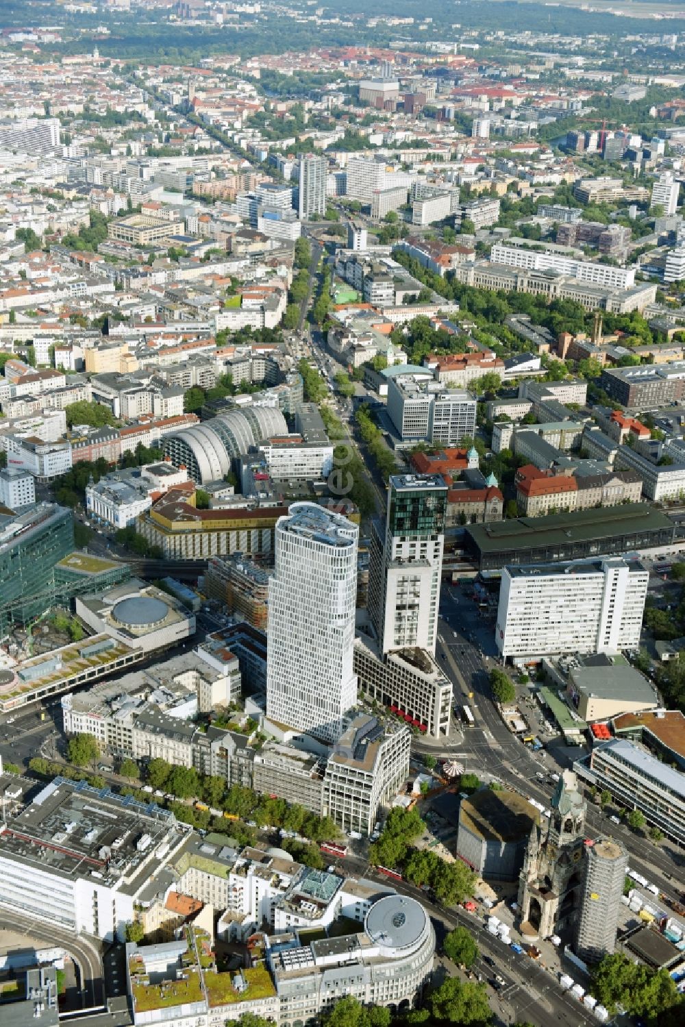 Berlin from above - High-rise ensemble of Zoofenster and Neubau Upper West on Joachinsthaler Strasse - Hardenbergstrasse in Ortsteil Bezirk Charlottenburg in Berlin, Germany