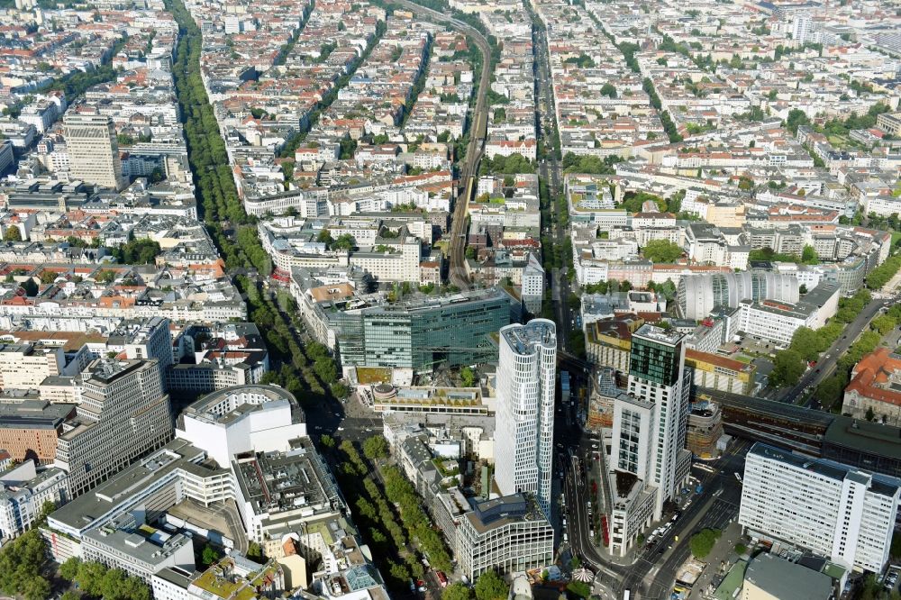 Berlin from the bird's eye view: High-rise ensemble of Zoofenster and Neubau Upper West on Joachinsthaler Strasse - Hardenbergstrasse in Ortsteil Bezirk Charlottenburg in Berlin, Germany