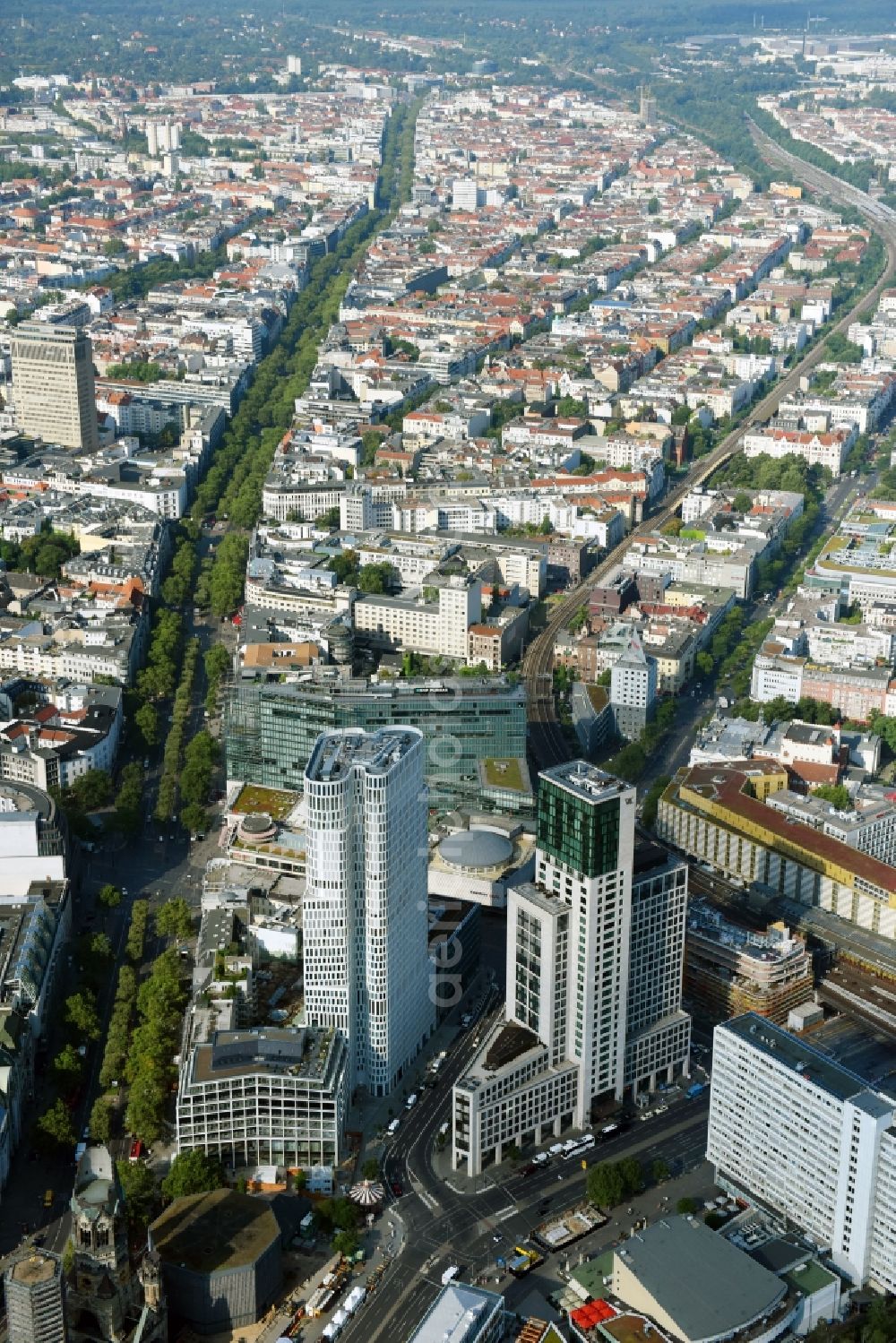 Berlin from above - High-rise ensemble of Zoofenster and Neubau Upper West on Joachinsthaler Strasse - Hardenbergstrasse in Ortsteil Bezirk Charlottenburg in Berlin, Germany