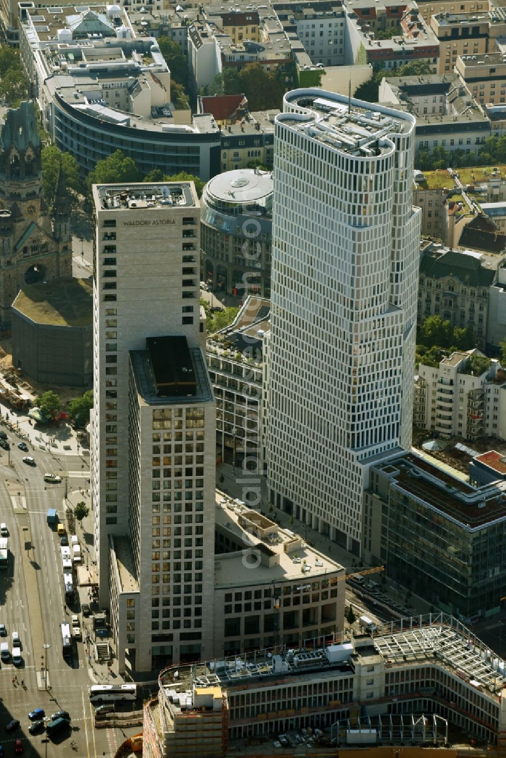 Berlin from above - High-rise ensemble of Zoofenster and Neubau Upper West on Joachinsthaler Strasse - Hardenbergstrasse in Ortsteil Bezirk Charlottenburg in Berlin, Germany