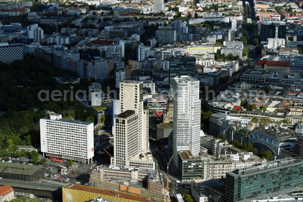 Berlin from the bird's eye view: High-rise ensemble of Zoofenster and Neubau Upper West on Joachinsthaler Strasse - Hardenbergstrasse in Ortsteil Bezirk Charlottenburg in Berlin, Germany