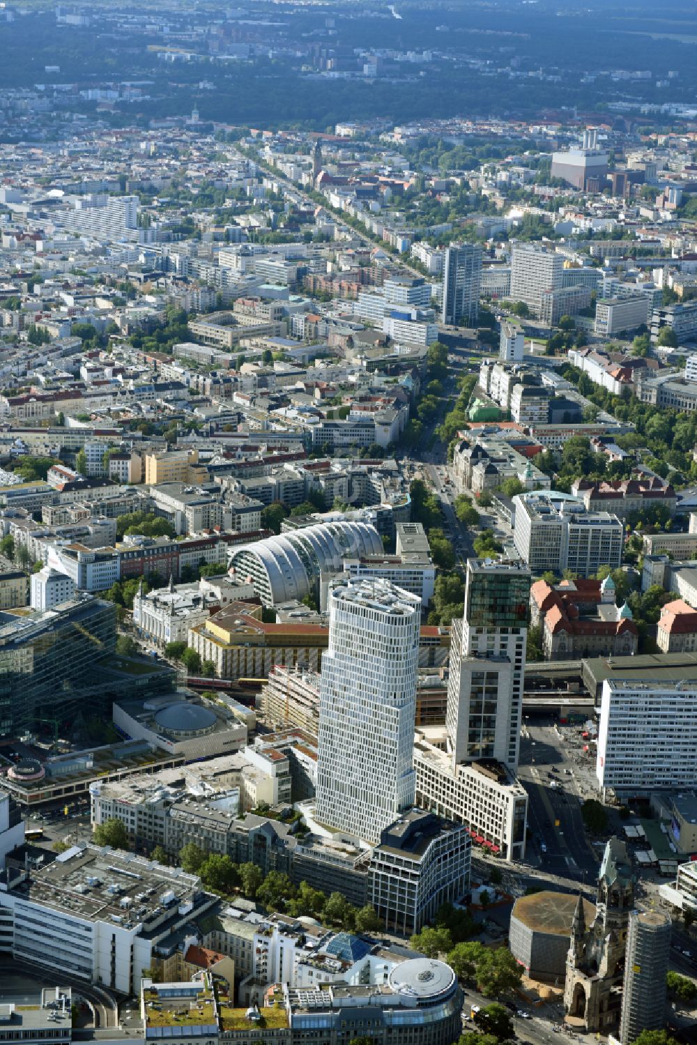 Berlin from above - High-rise ensemble of Zoofenster and Neubau Upper West on Joachinsthaler Strasse - Hardenbergstrasse in Ortsteil Bezirk Charlottenburg in Berlin, Germany