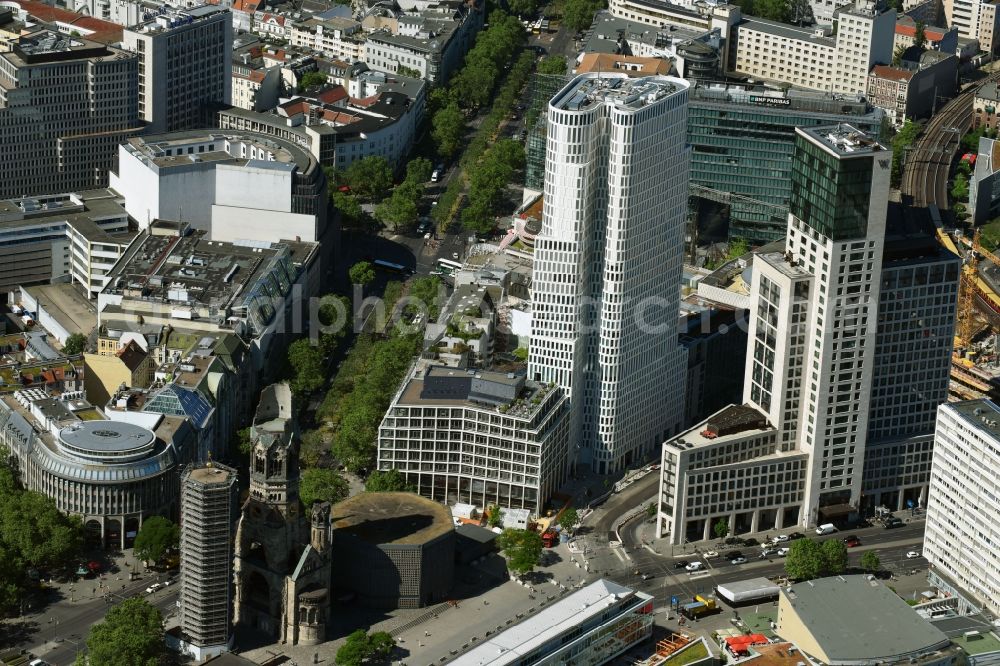 Berlin from the bird's eye view: High-rise ensemble of Zoofenster and Neubau Upper West on Joachinsthaler Strasse - Hardenbergstrasse in Ortsteil Bezirk Charlottenburg in Berlin, Germany