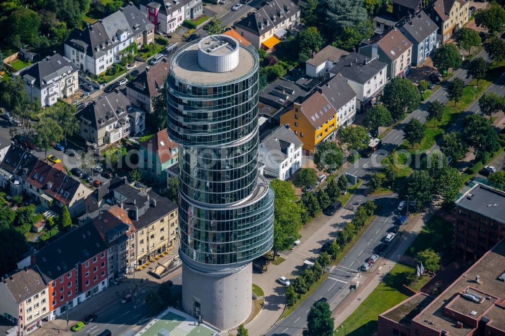 Bochum from above - Skyscraper Exenterhouse - Exenterhaus on a former bunker at the University Street in Bochum, North Rhine-Westphalia, Germany