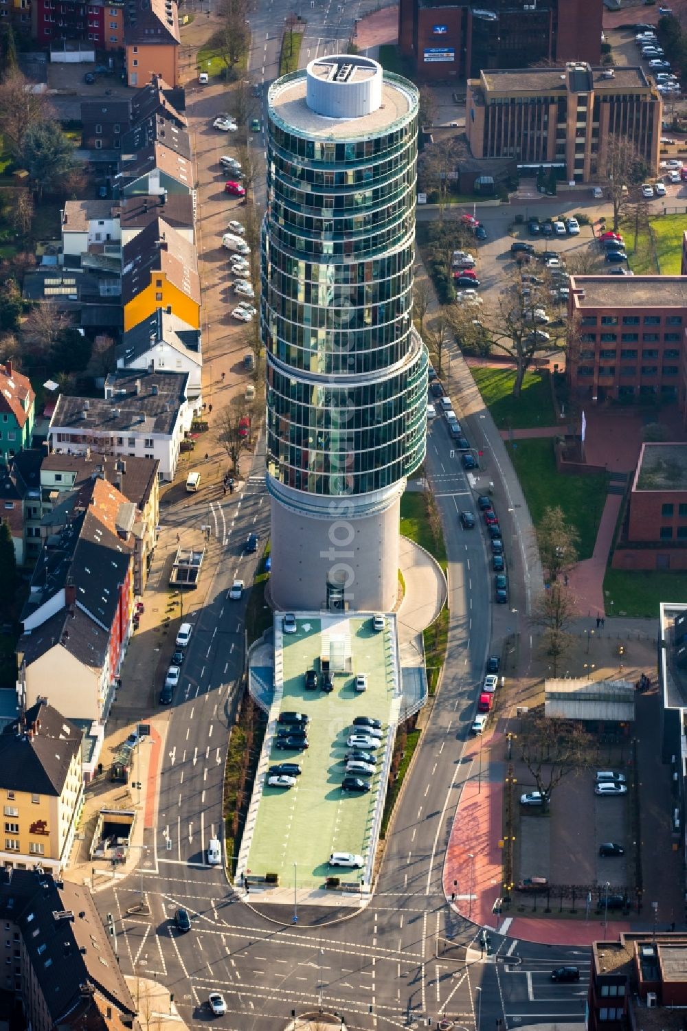 Bochum from the bird's eye view: Skyscraper Exenterhouse / Exenterhaus on a former bunker at the University Street in Bochum