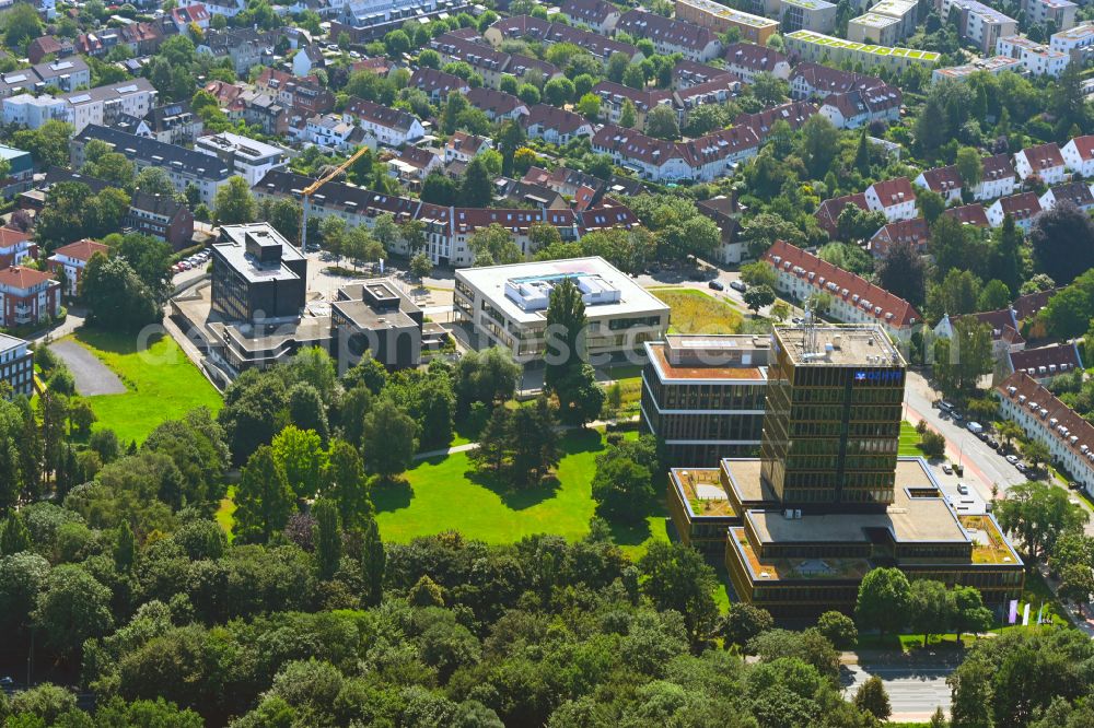 Münster from above - High-rise skyscraper building and bank administration of the financial services company on street Sentmaringer Weg in the district Geist in Muenster in the state North Rhine-Westphalia, Germany