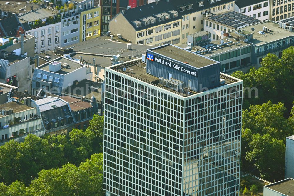 Köln from above - High-rise skyscraper building and bank administration of the financial services company VOLKSBANK KOeLN BONN on street Limburger Strasse in the district Neustadt in Cologne in the state North Rhine-Westphalia, Germany