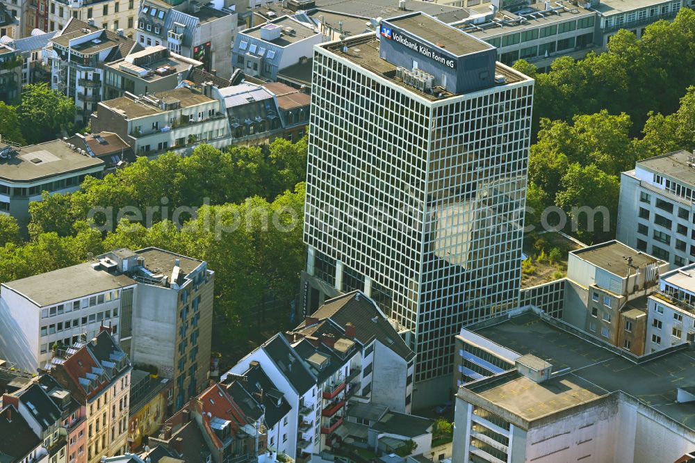 Köln from the bird's eye view: High-rise skyscraper building and bank administration of the financial services company VOLKSBANK KOeLN BONN on street Limburger Strasse in the district Neustadt in Cologne in the state North Rhine-Westphalia, Germany