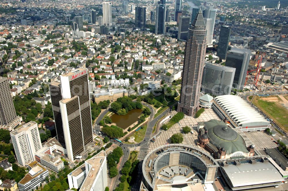 Aerial image Frankfurt am Main - Blick auf das Hochhaus des Frankfurter Marriott Hotel an der Hamburger Allee 2 in 60486 Frankfurt / Main. Gegenüber der Frankfurter Messe gelegen, ist es eines der höchsten Hotels des Kontinents.