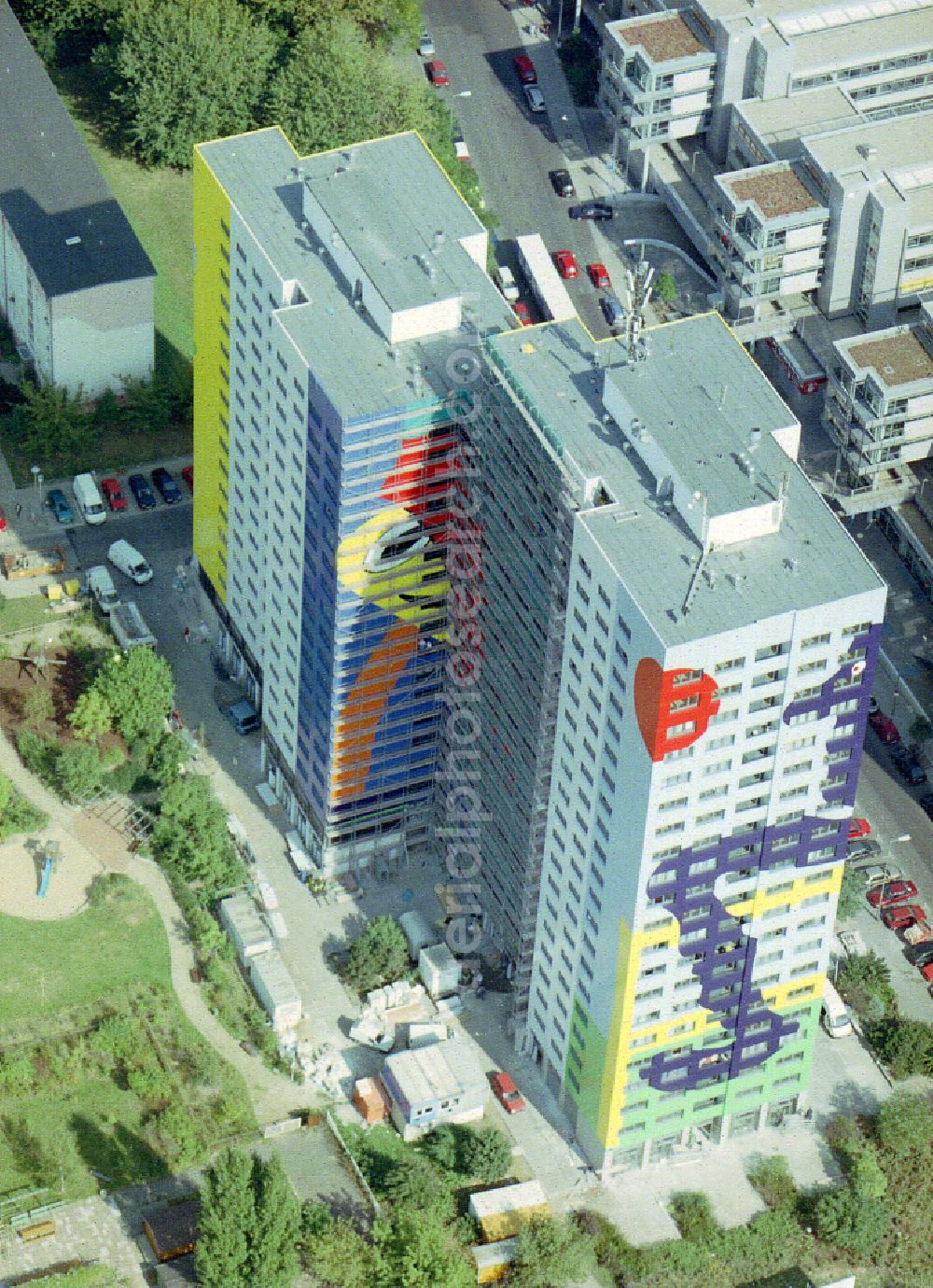 Aerial image Berlin - High-rise building in the residential area Gustavovo-Haus on Franz-Jacob-Strasse in the Lichtenberg district of Berlin, Germany
