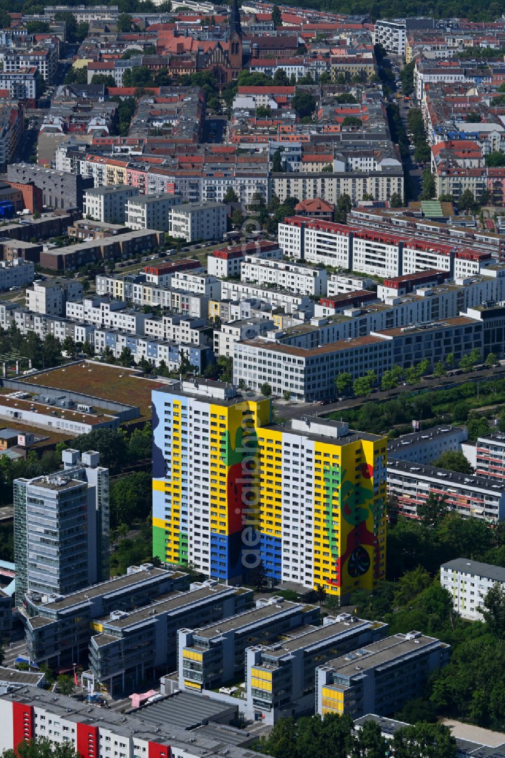 Berlin from the bird's eye view: High-rise building in the residential area Gustavovo-Haus on Franz-Jacob-Strasse in the Lichtenberg district of Berlin, Germany