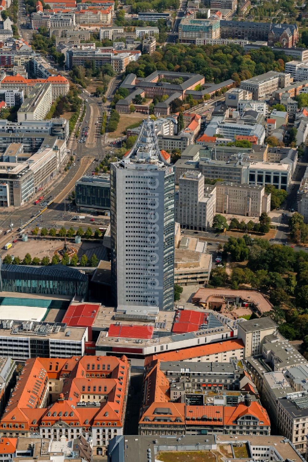 Leipzig from the bird's eye view: High-rise buildings City-Hochhaus in Leipzig in the state Saxony