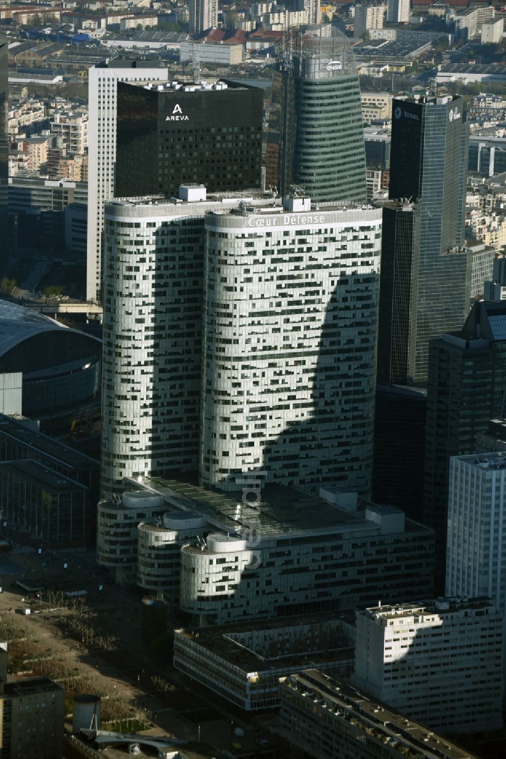 Paris from the bird's eye view: High-rise building Coeur Defense in the office and highrise quarter La Defense in Paris in Ile-de-France, France