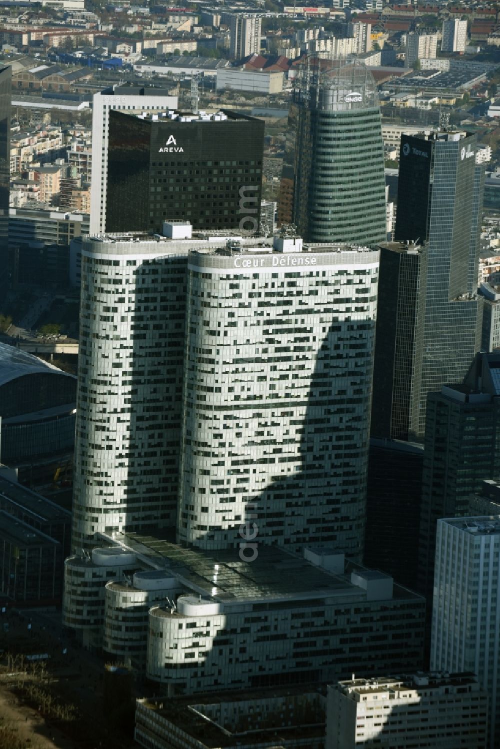 Aerial image Paris - High-rise building Coeur Defense in the office and highrise quarter La Defense in Paris in Ile-de-France, France